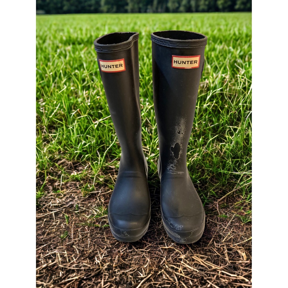 Hunter Kids Tall Rain‎ Boots Black Waterproof Rubber Buckle Boot-Flawed